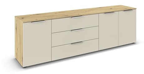 Rauch Möbel Flipp, Kommode, Farbe Beige/Eiche Artisan, Breite 199 cm | Sideboard, 3-türig, 3 Schubladen, Soft-Close-Funktion, für Schlafzimmer, Gästezimmer, Wohnzimmer, Garderobe, Flur