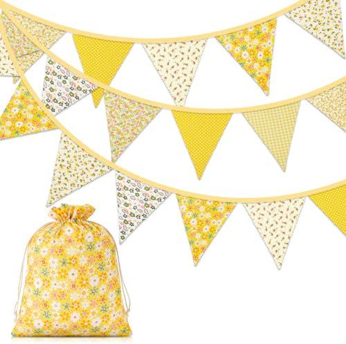 Orifinter Easter Bunting, 24PCS Fabric Bunting + Drawstring Bag, Reusable Vintage Banner Flags for Mothers Day, Afternoon Tea, Garden Party, Birthday, Spring, Easter Decorations (yellow)