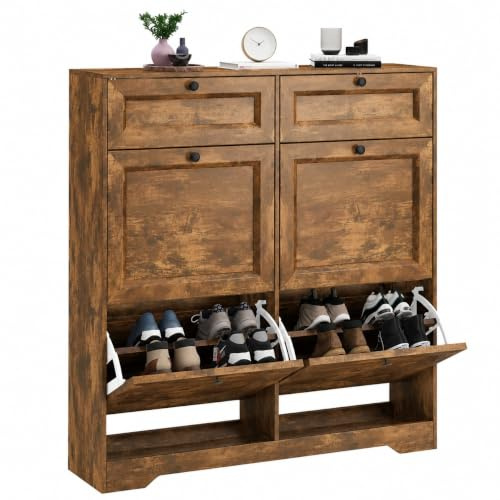 Xbro Schuhschrank mit Schublade und 4 Klappen, Schuhkipper Schmal, Schuhregal für 20–24 Paar Schuhe, mit verstellbaren Trennwänden, für Flur und Eingangsbereich, 95 x 24 x 102 cm, Vintage Braun