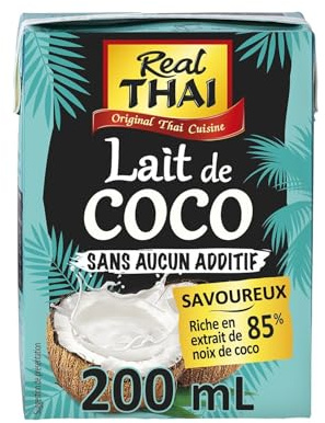 REAL THAI - Lait de coco Naturel Crémeux, Saveur Authentique, Briquette 200mL - Lot De 4