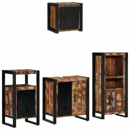pokgdf Badezimmermöbel-Set 4 pcs aus massivem upgecyceltem Holz mit Regal - Wandmontiertes Badezimmermöbel-Set aus Holz - Badmöbel-Set aus massivem mit Regal - Badezimmer