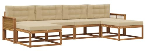 vidaXL Outdoor-Sofagarnitur mit Kissen 6 pcs Natur und Beige, Moderne Akazien-Gartenmöbel, wetterfester Sofa-Set, stylische Sitzgelegenheit für Terrasse und Pool