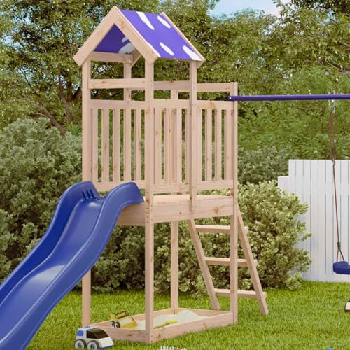 Kaloriko Spielturm Braun aus massivem Kiefernholz 52,5 x 110,5 x 215 cm mit Zubehörset, Klettern Rutsche Schaukel, Garten Outdoor Spielhaus für Kinder Motorik Rollenspiel