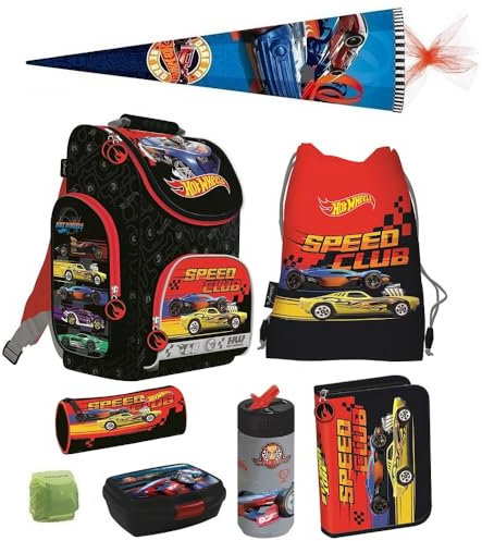 Familando Hot Wheels Schulranzen 1. Klasse für Jungen und Mädchen · ergonomischer Tornister · Schultaschen-Set (8-teilig mit Schultüte)
