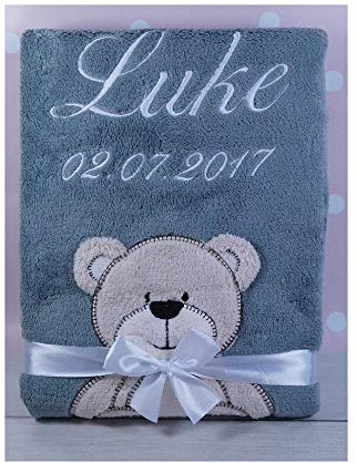 ★ Babydecke mit Namen und Datum Bestickt ★ Baby Geschenke ★ Geburt ★ (Grau - Teddybär)