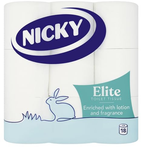 Nicky Elite Scented Toilet Tissue - 18 Rolls of White Toilet Paper, 3-ply, Talc Scent, Softness to the Skin, Enriched with Lotion, Extra Value Pack, 100% FSC Certified Paper