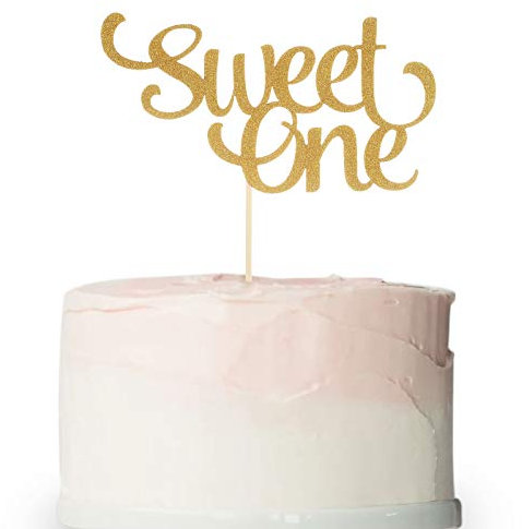 1st Birthday Gold Cake Topper - Glitter Sweet One Cake Topper for Photo Booth Props, Single-Sided First Anniversary Party Shower Cake Smash Decorating