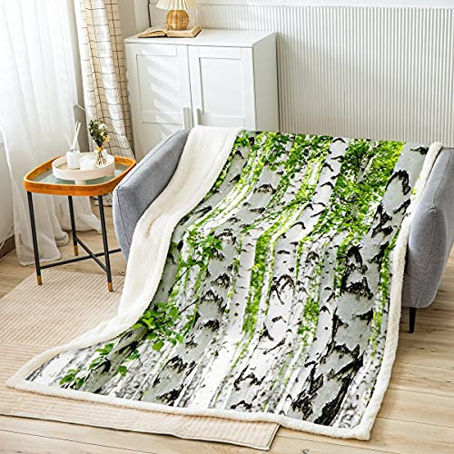 Weiße Birke Fleecedecke Gerade Baumstamm Decke Überwurf Grünes Blatt Sherpa Decke Botanisch Frisch Natürlich Rustikal Land Fuzzy Decke Sofa Schlafzimmer Dekor 150x200