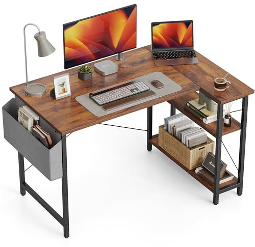 CubiCubi Schreibtisch mit Regalen, Kleiner L-förmiger Eckschreibtisch mit Ablagefächern, Schreibtisch für Heimbüro Kleiner Raum, Umkehrbarer Computertisch Gaming Tisch, 120cm Braun