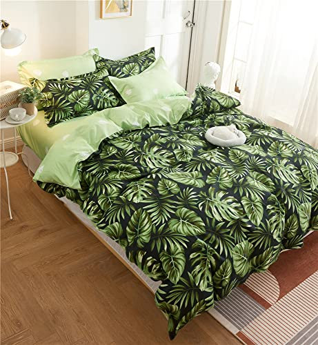 Oduo Modern Floral Plant Printed Duvet Cover Set Reversible Soft Microfiber Quilt Cover Zipper Closure Single Double King Bed Size Bedding Set with Pillowcases (Green Monstera,135x200cm-2pcs)