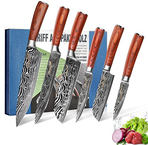 VINNAR Couteau de cuisine 6 pièces, couteau de cuisinier professionnel en acier inoxydable à haute teneur en carbone, pour la coupe de légumes, de viande et de fruits