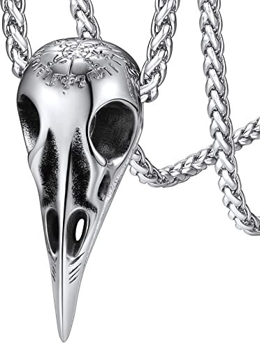 FaithHeart Edelstahl Viking Raven Anhänger mit Kompass Symbol Punk Wikinger Retro Kräheschädel Halskette mit Gravur für Geburtstag Vatertag