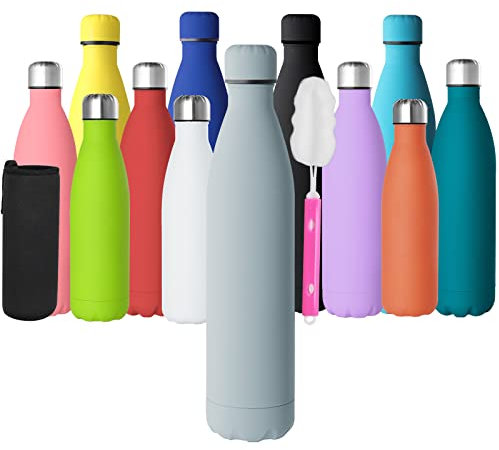 GeeRic Bottiglia Termica 1 Litro Opaco Borraccia in Acciaio Inox+Spazzola+Borsa Portatile Bottiglia d'Acqua Sportiva Tenere 12H Caldo/24 Freddo Borraccia Termica per Campeggio,Scuola,Sport Grigio