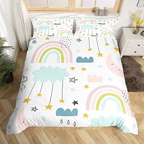 Kawaii Rainbow Bedding Set Cute Clouds Stars Rainbow Decor Duvet Cover For Kids Girls Boys Single Size Cartoon Moon Sky Starry Comforter Cover Hand Drawn Iridescent Print Quilt Cover 1 Pillow Cases