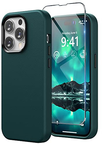SURPHY Faux Leather Case Compatible with iPhone 14 Pro Max Case 6.7 inch, Premium PU Leather Case Cover (with Metallic Buttons & Microfiber Lining) for iPhone 14 Pro Max, Forest Green
