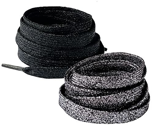 BupiMufi 9-10mm Breit Flache Glitzer Schnürsenkel Reißfeste Glänzende Schuhbänder Stiefelsenkel mit metallischen Glanz 120cm Schwarz A+Schwarz B