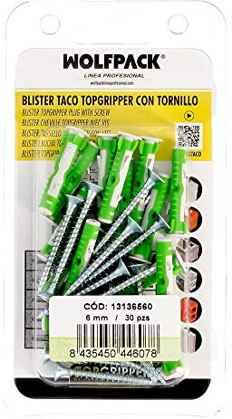WOLFPACK LINEA PROFESIONAL - Blister Tacos Topgripper Bimaterial Con Tornillos Ø 6 mm. 30 Piezas Taco Anclaje Universal, Taco Hormigon, Taco Pladur