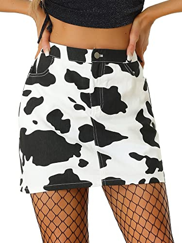 Allegra K Damen Weihnachtskostüm-Röcke, elastische Rückseite, hohe Taille, Minirock, kurzer Rock, Kuh-Print Rock für Frauen