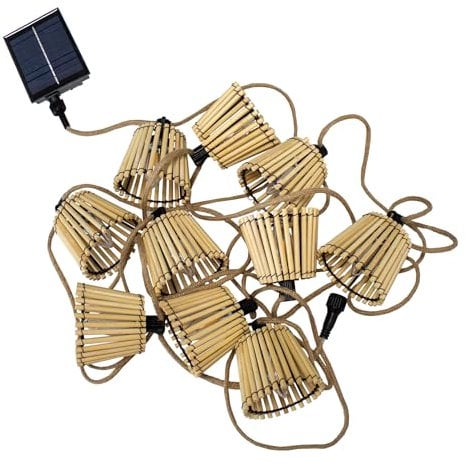 Moovere Okinawa Lichterkette für den Außenbereich, unter der Decke, Bambusfaser, 10 LEDs, 8 m Länge (Solar + Batterie), Weiß