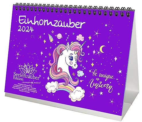 Einhornzauber DIN A5 Tischkalender für 2024 Einhorn Einhörner Unicorn - Geschenkset Inhalt: 1x Kalender, 1x Weihnachts- und 1x Grußkarte (insgesamt 3 Teile)