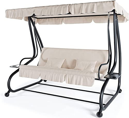 BRICOZONE Dondolo Reclinabile 3 Posti Con Cuscini Imbottiti Parasole Tettuccio Regolabile Diventa Letto Struttura Acciaio Robusto Giardino Esterno Balcone Terrazzo Piscina 200 x 120 x 160 cm Beige