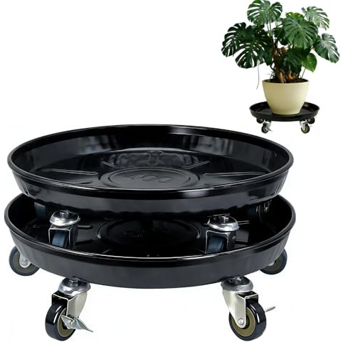 SKAFORZ Rolling Planter Caddy(430lbs Capacity), Heavy Duty Metal Plant Stand with Brake Wheels Plant Dolly Mover Plant Pot Tray Saucer for Indoor Outdoor 16 Inches Black 2Pack