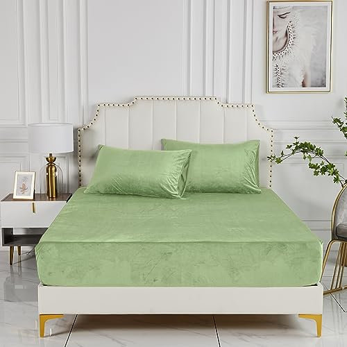 Damier Winter Plüsch Spannbettlaken 180x200x30cm Grün Hellgrün Warm Flauschige Bettlaken Cashmere Touch Spannbetttuch Geeignet für 30cm Matratze