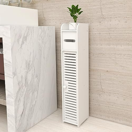 Rigogo Badezimmer Aufbewahrungsschrank mit Toilettenpapierhalter, freistehendes badezimmerschrank Bodenschränke with1 Tür, für Wohnzimmer Kücheneingang, 81x16x16cm