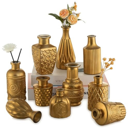 Hewory Kleine Vase Gold Tischdeko: 10er Vintage Vasen Deko Vergoldete Vasen Klein Blumenvase, Goldene Glasvase Vase Glas, Mini Vasen Set Deko Gold für Deko Wohnzimmer Hochzeitsdeko Party Home