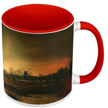 Mug de Couleur Qualité Premium Rouge - Moulins à Vent un Soir d'Automne Paysage Lugubre - Tasse avec anse et intérieur de couleur
