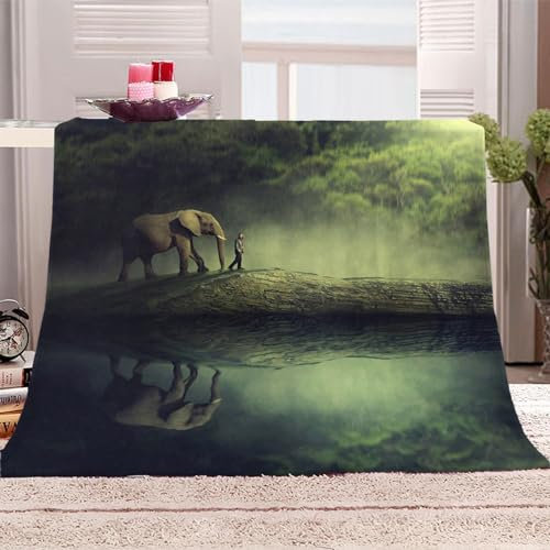 Couverture Lit 3D Éléphant, Animal De La Forêt Verte Plaid Polaire 130x150Cm Adulte Douce Flanelle Couverture Lit 2 Personnes En Microfibre, Chaude Plaid Jeté De Canapé, Peluche Couverture Personnal