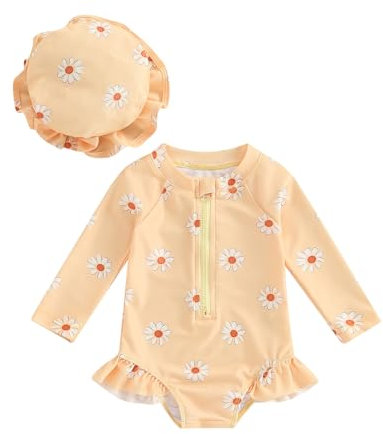 Carolilly Maillot de Bain Une Pièce Bébé Fille à Volant Imprimé Floral, Maillot de Bain Anti-UV à Manches Longues avec Chapeau (6 Mois à 3 Ans) (Jaune, 6-9 Months)
