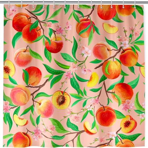 ANHOPE Tropisch Obst Pfirsich Blatt Duschvorhang Wasserdicht Anti-schimmel Polyester Stoff Duschvorhänge 180 x 180 cm Shower Curtains Waschbar Bad Vorhäng für Badzimmer mit 12 Haken