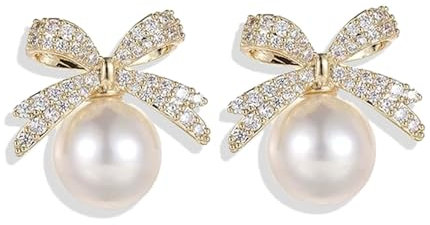 Bow Earrings, Gold Silber Bogen Ohrstecker Ohrringe für Damen, Schleifen Schmuck Frauen (Pearl Bow B-Gold)