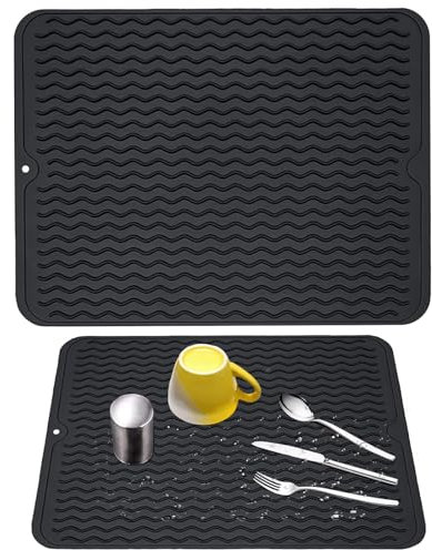 PUERFOCA Set di 2 tappetini neri facili da pulire, realizzati in silicone per uso alimentare, tappetino scolapiatti antiscivolo per piano di lavoro, lavello, tappetino ecologico resistente al calore