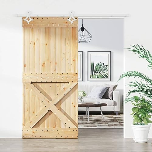 Baziroo Schiebetür mit Beschlag Weiß 100x3,6x210 cm Massives Kiefernholz und Stahl Wooden Door Sliding Door Schibetür Wohnzimmertuer Zimmertüren Scheunentor Holztuer Innentüren