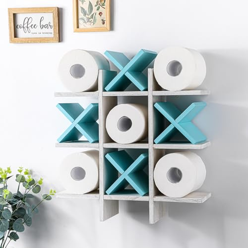 Weysat Tic Tac Toe Toilettenpapierhalter, Ständer, Badezimmer, Wanddekoration, rustikale Holzaufbewahrung, freistehend, wandmontierte Regale, Dekoration für Toilettenpapier, Bauernhaus