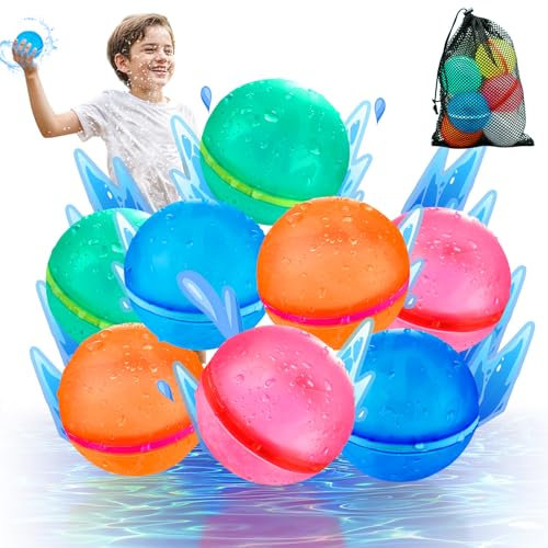 WABALLO Wiederverwendbare Wasserbomben, 8 Stück Wasserbomben mit Netztasche für Kinder ab 4, Einfaches und Schnelles Befüllen Wasserball für Pool, Strand, Garten Spielzeug