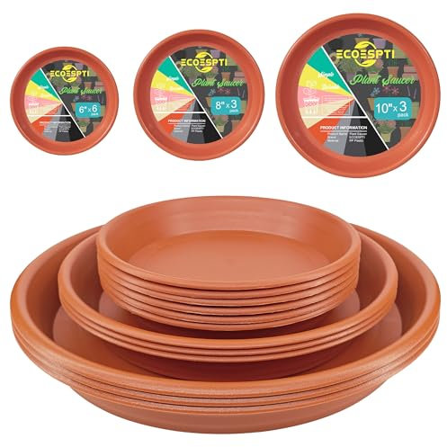 ECOESPTI Lot de 12 soucoupes colorées en plastique durable de 15,2 cm, 20,3 cm, 25,4 cm, soucoupes rondes pour pot de fleurs, plateau d'égouttement pour intérieur et extérieur, rouge brique