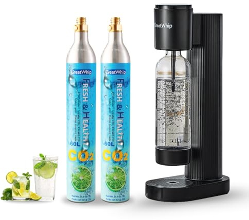 GreatWhip Wassersprudler Set – Soda-Maschine Schwarz inkl. 2× 60 L CO₂ Schraubzylinder mit Gewinde + 1 L BPA-freie Flasche – Nur für Schraubzylinder, kompatibel mit SodaStream & Aarke