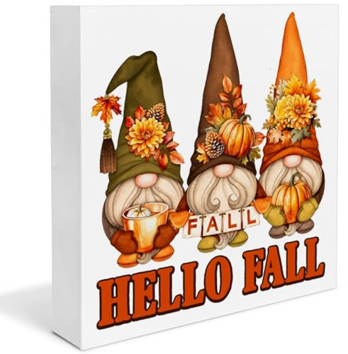Hello Fall Decor - Zwerge Herbst Dekorationen Bauernhaus Kürbis Holz Deko Schild Home Decor für Schreibtisch Tisch Regal 12,7 x 12,7 cm