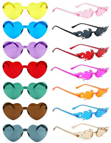 Dawumin Lustige Sonnenbrille, 14 Stück Herzen + Flammen Partybrillen, Bunte Party Brille, Hippie Sonnenbrille Set für Fasching Foto Requisiten Geburtstagsfeier für Kinder und Erwachsene
