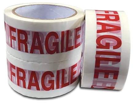 JeeJaan® 3 Rolls of Fragile Parcel Tape 48mm x 66m Heavy Duty Plastic Packaging Tape with Bold Red Fragile Print for Packing Boxes Carton Sealing Shipping Warehouse Moving House and Postal Use