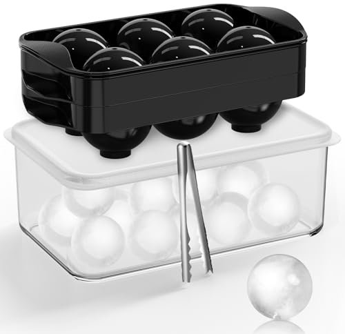 Whiskey Ice Cubes Mold 2 Pack - Round Ice Cube Mold & Ice Ball Maker Set with Storage Bin, Ice Cube Trays with Lid, Tongs for Bourbon & Cocktails, Gifts for Whiskey Lover