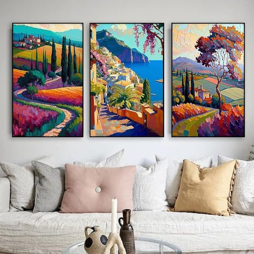 Villa Wand Kunst Poster Italien Architektur Landschaft Ölgemälde Drucke Reise Leinwand Malerei Wand Kunst Bilder Dekor 30x40cmx3 ohne Rahmen