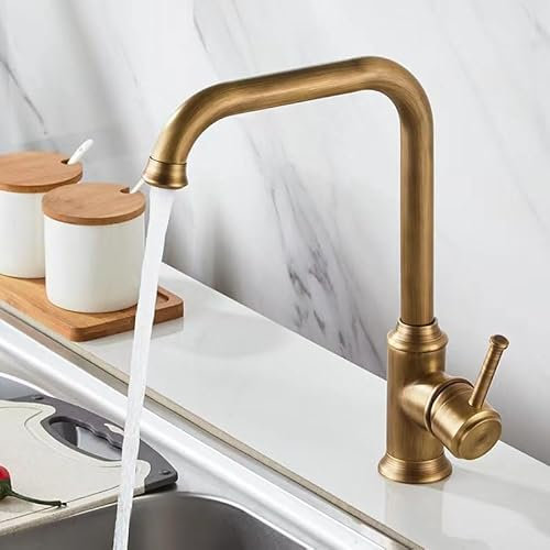 AIHEDOUJ Vintage Style Kitchen Taps, Kitchen Sink Taps Mixer Antique Brass with Pull Out Sprayer Kitchen Mixer Taps 1 Hole Swivel Hot Cold