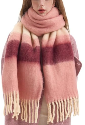 OUNIYA Grande écharpe à carreaux colorés surdimensionnés en laine de cachemire douce épaisse couverture chaude d'hiver pour femme, Rose/gris, Large