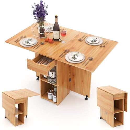 LIFEZEAL Table à Manger Pliable avec 1 Tiroir & 2 Etagères, Table Extensible Bois 120x77x75cm avec 2 Roues, 4-6 Personnes, Salle à Manger, Salon, Cuisine, Max 70 kg (Na)