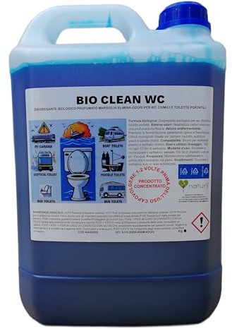 BIO CLEAN WC Disgregante Profumato per WC Chimici e Toilette Portatili, Azione Antiodore, Previene Fermentazione, Ideale per Camper Roulotte Yacht e Bagni Portatili, Tanica 5 kg