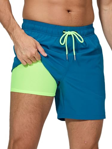 Arcweg Men's Swim Trunks Mens Swimming Shorts with Compression Liner Quick Dry Stretchy 2 in 1 Board Shorts with Zipper Pockets Peacock Blue XL(UK